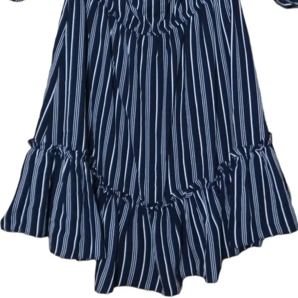 BB Dakota Off Shoulder Dress Fit & Flare Elastic Waist Striped Navy Blue White S